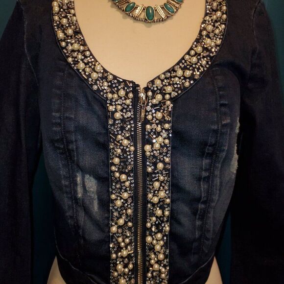 Bebe Embellished Cropped Denim Jacket | Pearl & Jewel Details | Fitted | M - Picture 3 of 10